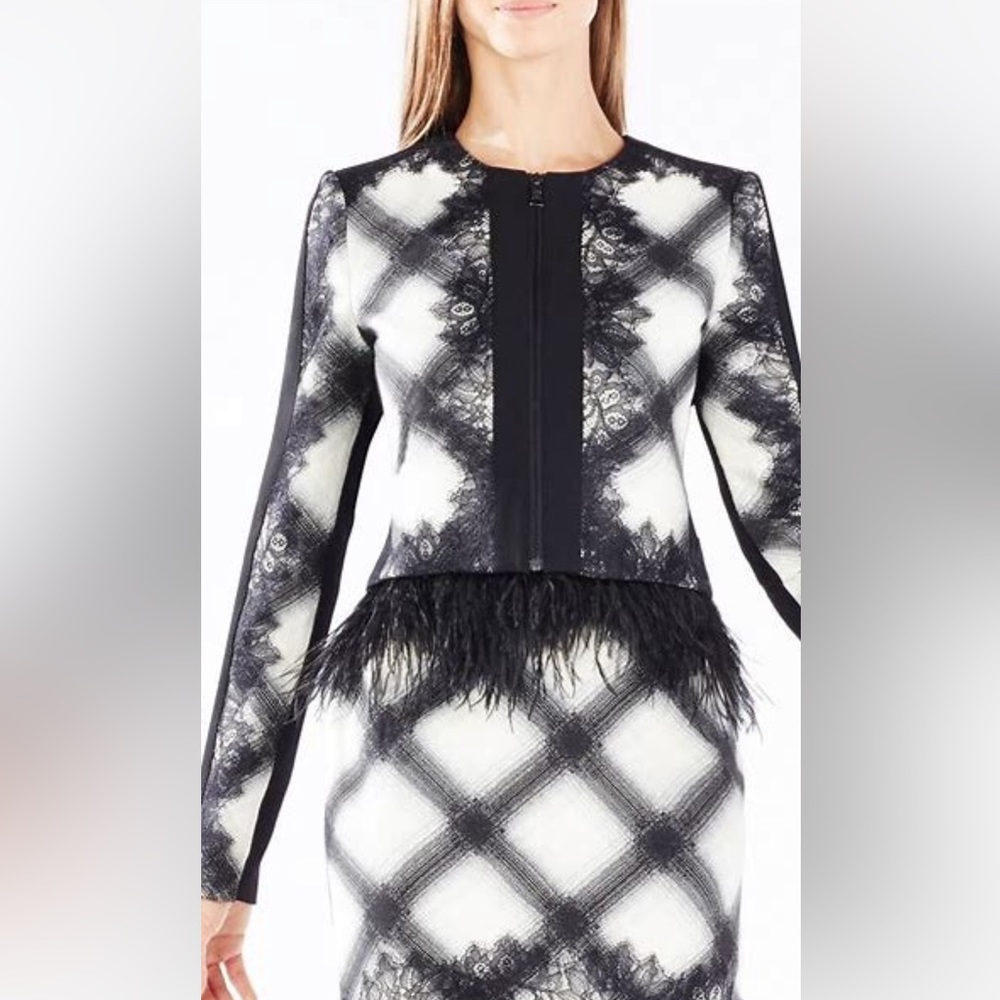 BCBG Quincy Ostrich Feather Trim Lace Detail Black White Crop Blazer Jacket 🖤